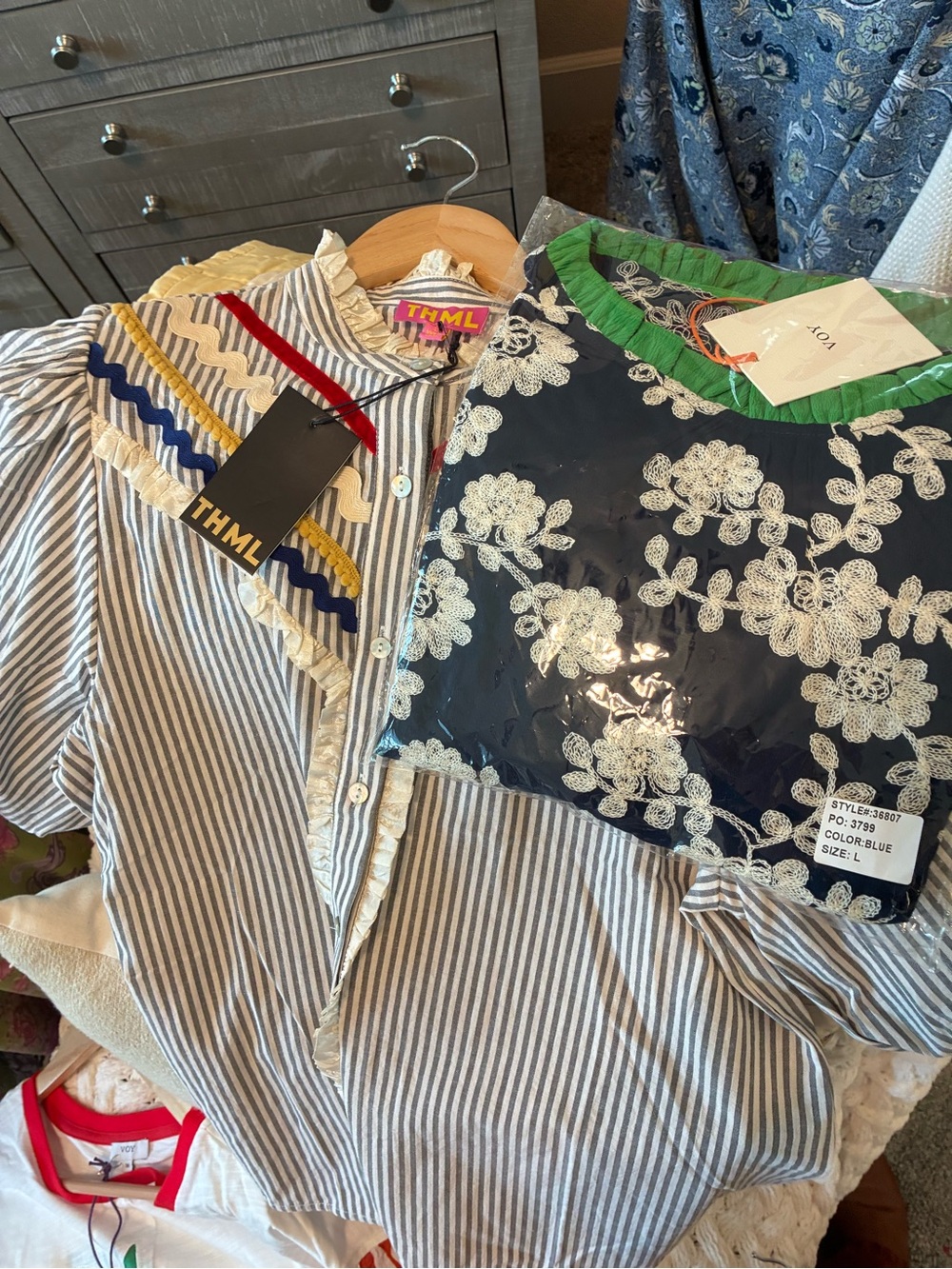 2 for 1 THML Blue and White Striped Button-Up with Navy Floral Overlay